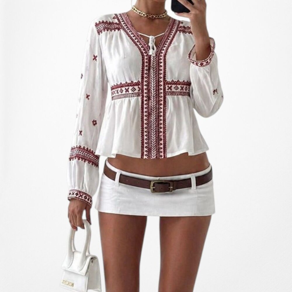 Vintage Off White Boho Long Sleeve Tribal Print Semi Sheer Babydoll Blouse XS